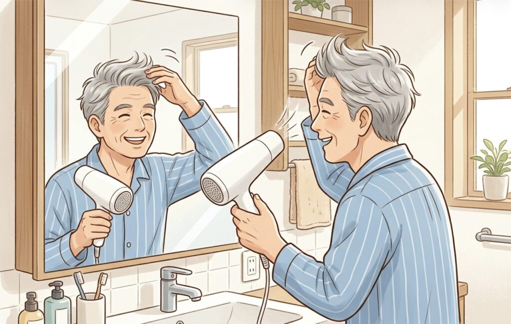 60代男性がドライヤーで短髪の根元を立ち上げて仕上げている様子のイラスト