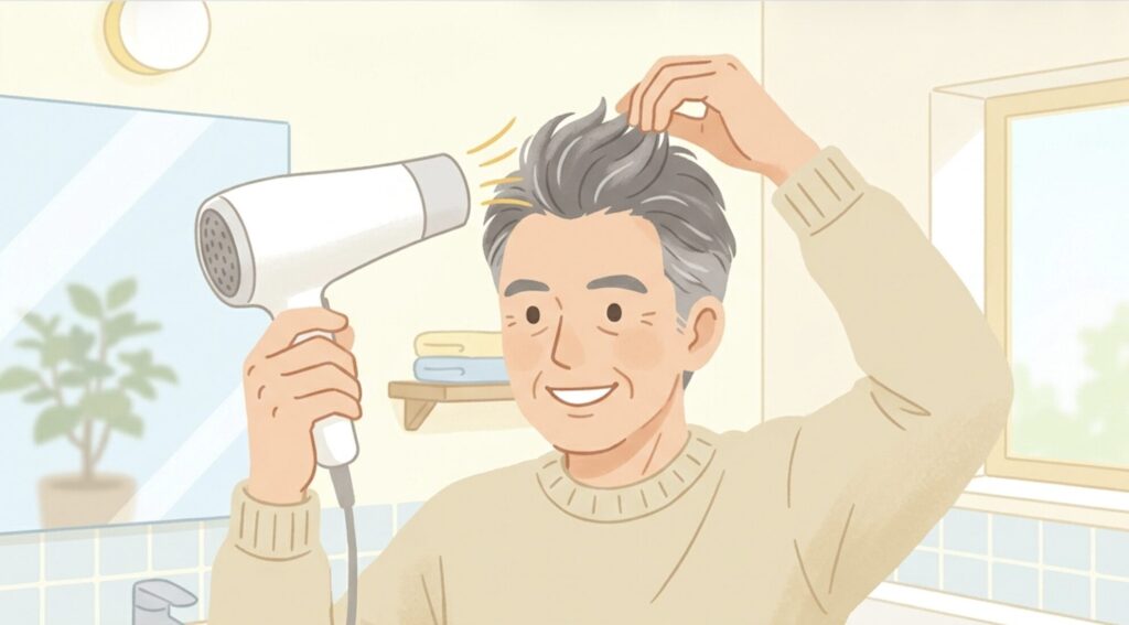 60代男性が下から風を当てて髪の根元を立ち上げて乾かしている様子のイラスト