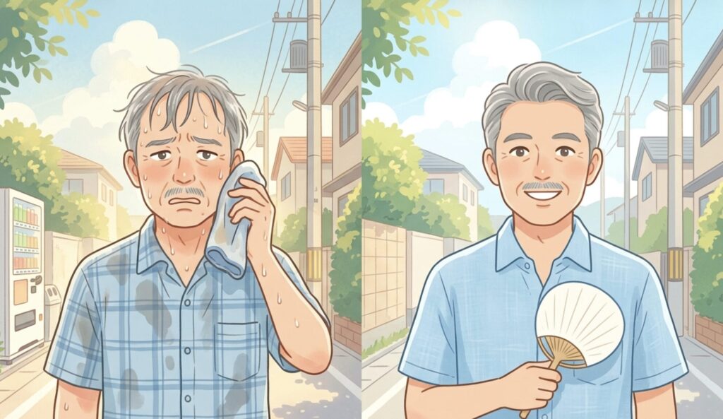 夏に汗で髪が崩れた60代男性と、さわやかに整えた状態を比べたイラスト