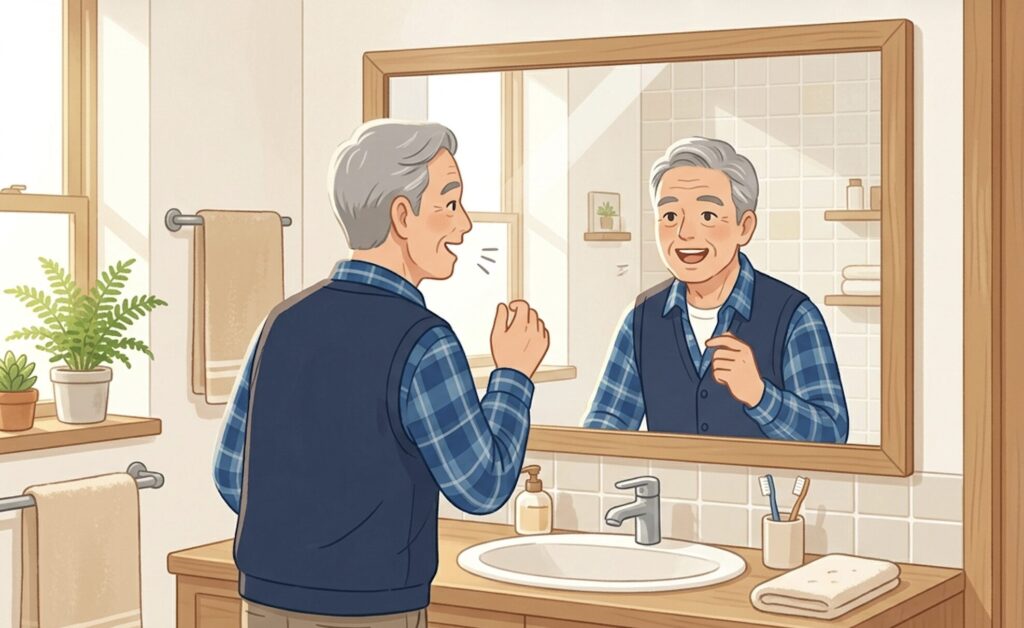 60代男性が鏡の前で口角を上げ第一声の発声練習をしている様子のイラスト