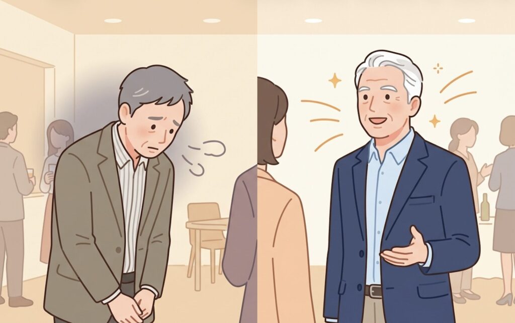 60代男性の自己紹介、うつむいた惜しい例と笑顔で明るい良い例の比較イラスト