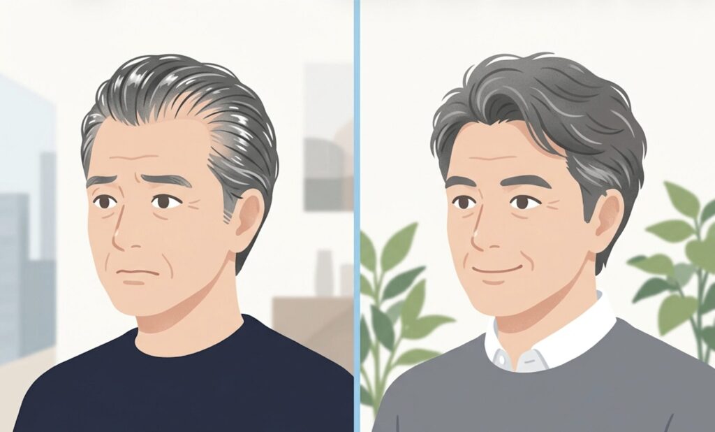 ジェルでテカって地肌が透けた例と、マットで自然な例を比べた60代男性の髪のイラスト