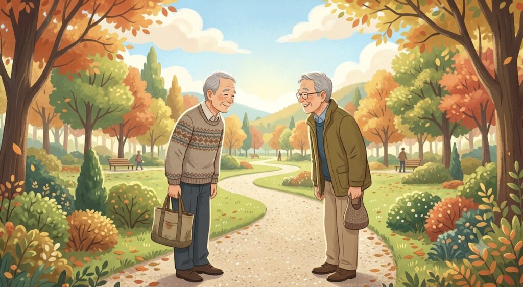 初対面の60代男性二人が笑顔で会釈してあいさつしている様子のイラスト