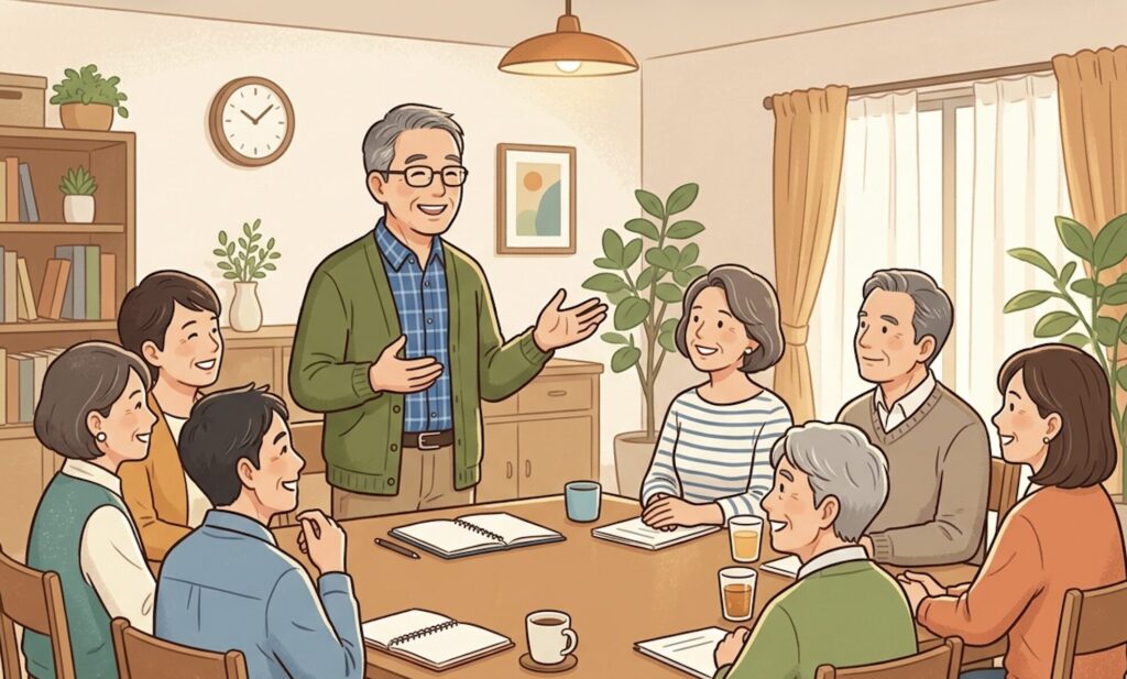 趣味の集まりで60代男性が笑顔で自己紹介し周囲が耳を傾けている様子のイラスト
