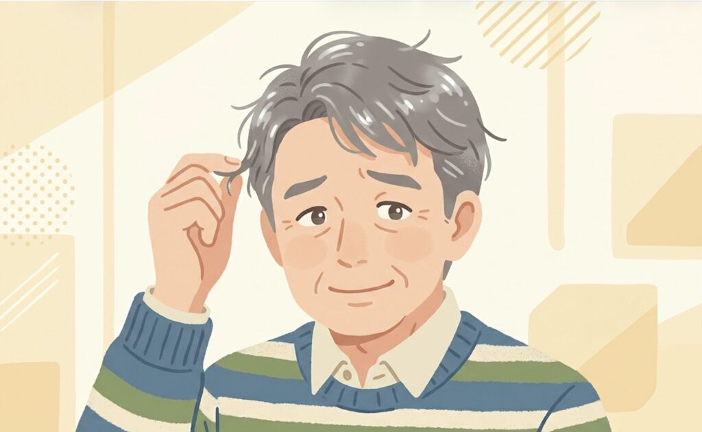 整髪料のつけすぎで髪がテカって脂っぽく見える60代男性の惜しい例のイラスト