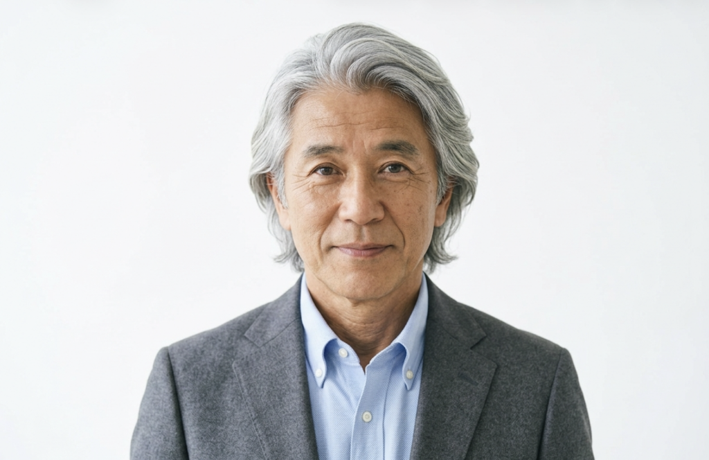 白髪を長めに伸ばして手入れの行き届いた60代男性のヘアスタイル