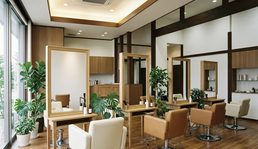 明るく清潔感のある美容室の店内
