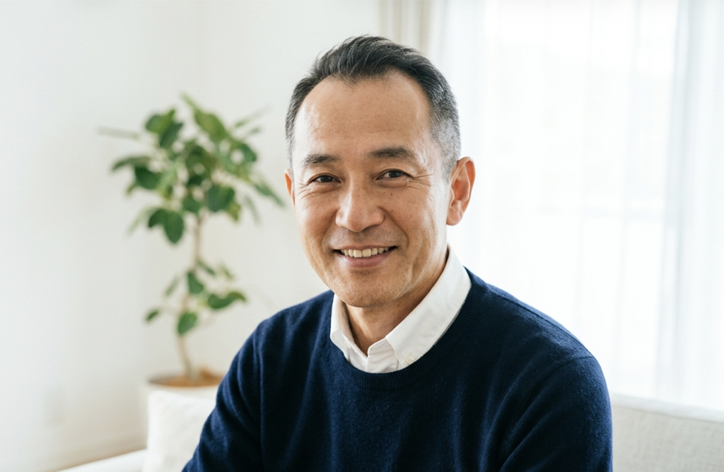 生え際が後退した髪を、隠さずサイド短めに整えた60代男性。薄毛でも老けて見えない髪型の例