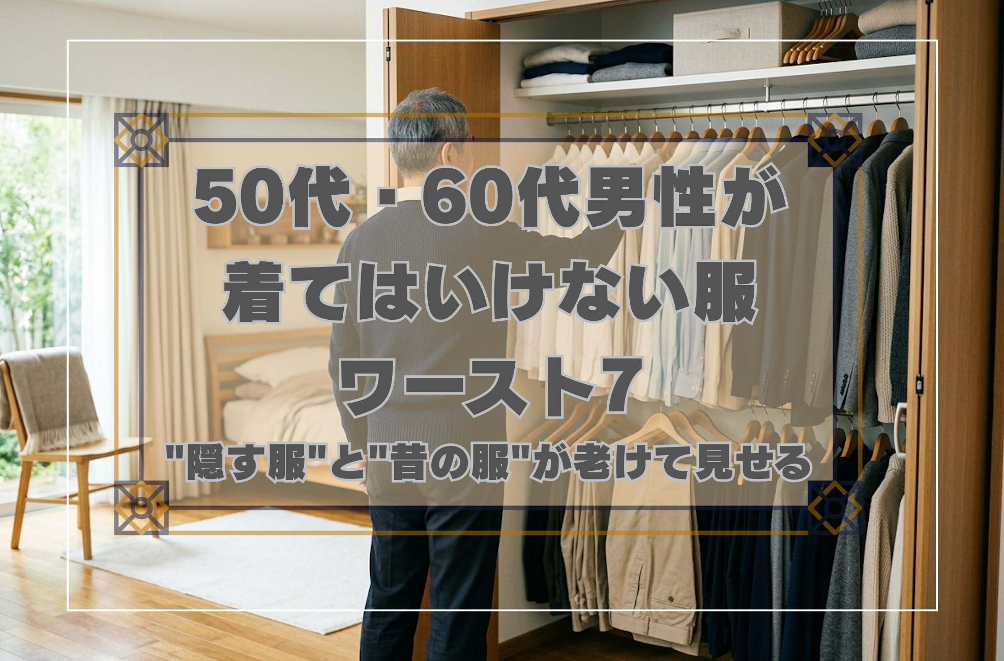 クローゼットの前で服を選ぶ60代男性。着てはいけない服を見直すイメージ