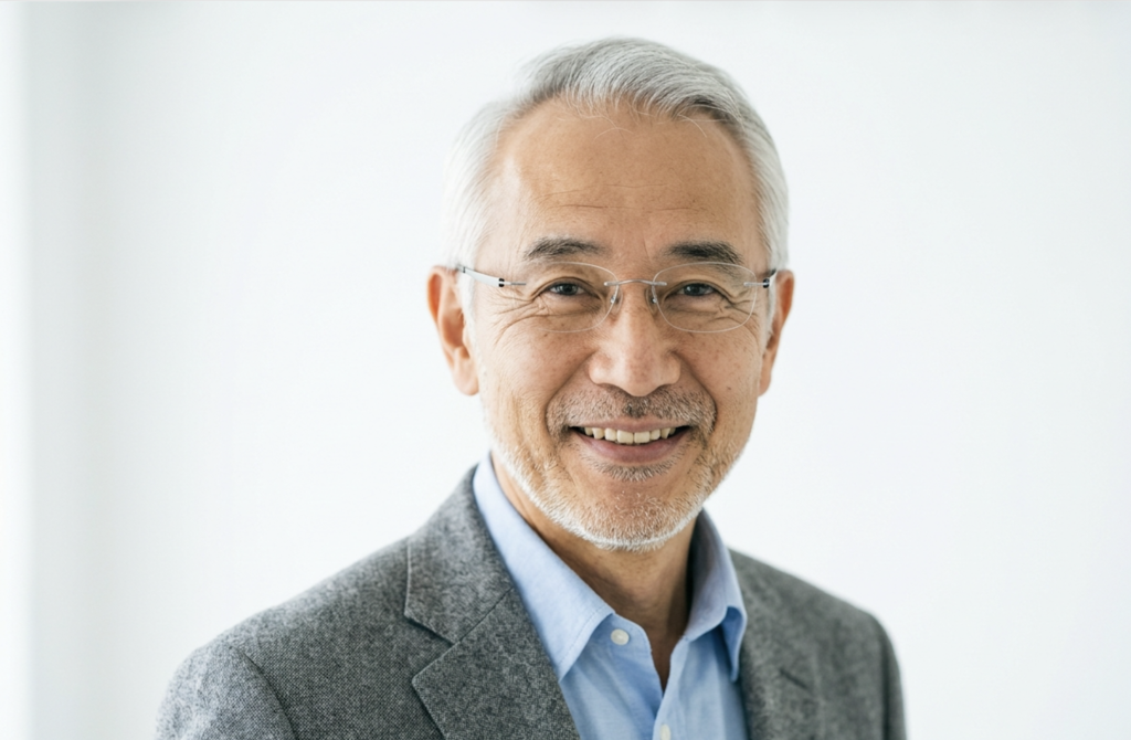 細めのメタルフレームで顔を軽く見せた白髪の60代男性のメガネの選び方