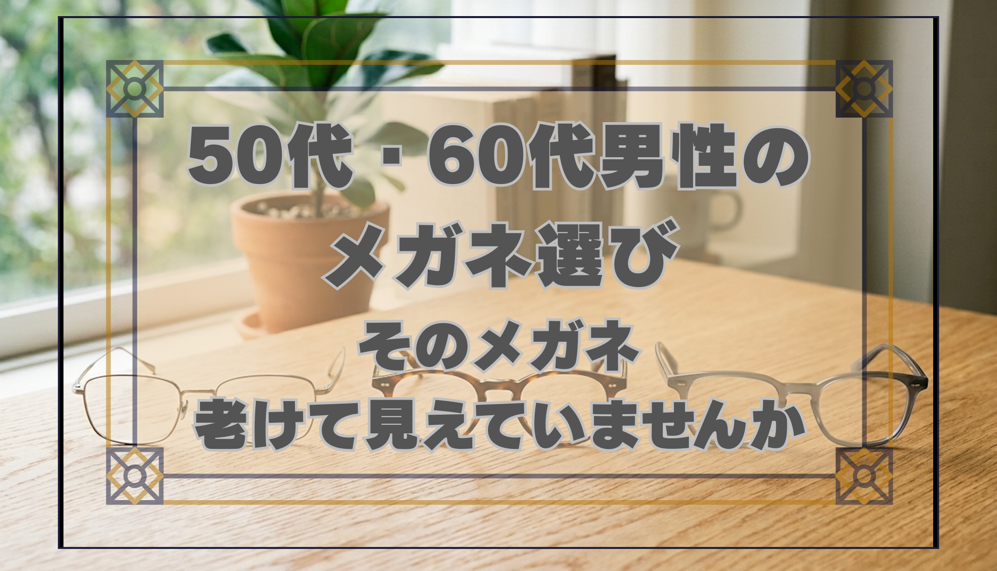 木のテーブルに並ぶ3種類のメガネフレーム 50代・60代男性のメガネ選び