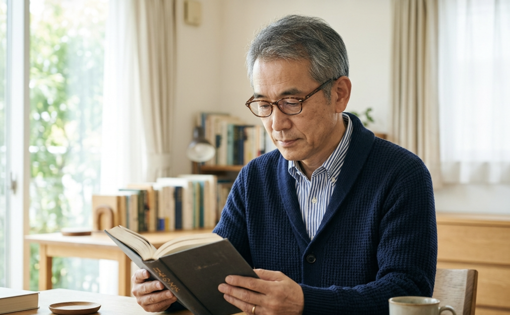 おしゃれなべっ甲柄の老眼鏡をかけて手元の本を読む60代男性