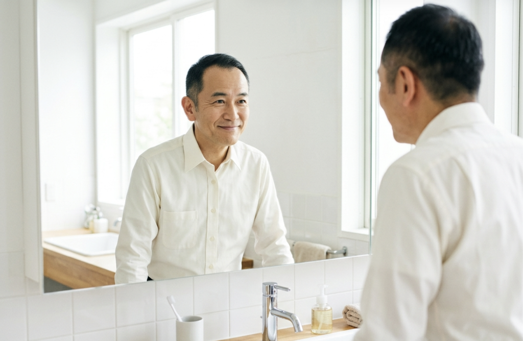鏡の前で襟つきシャツ姿を確認する60代男性。年齢に合った服に変えた例