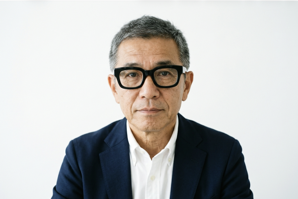 太い黒縁で顔が重く見えてしまう50代・60代男性のメガネの例