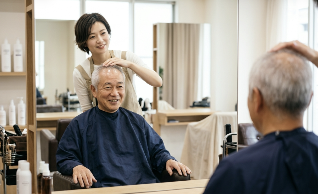 美容師に頭頂部の髪を確かめてもらいながら、パーマを相談する60代男性