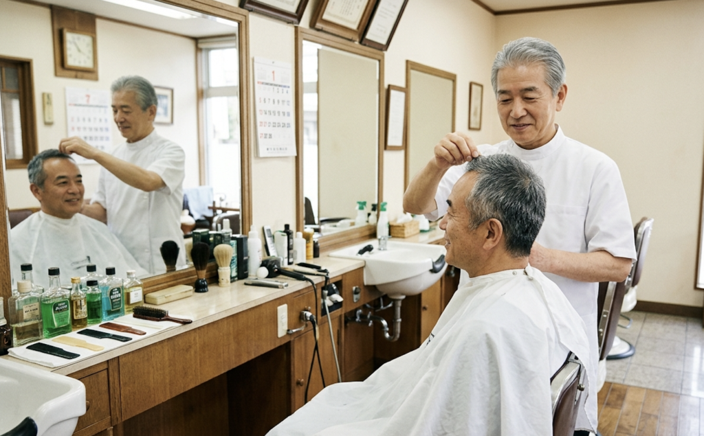 床屋で鏡越しに理容師とベリーショートの長さを相談する60代男性