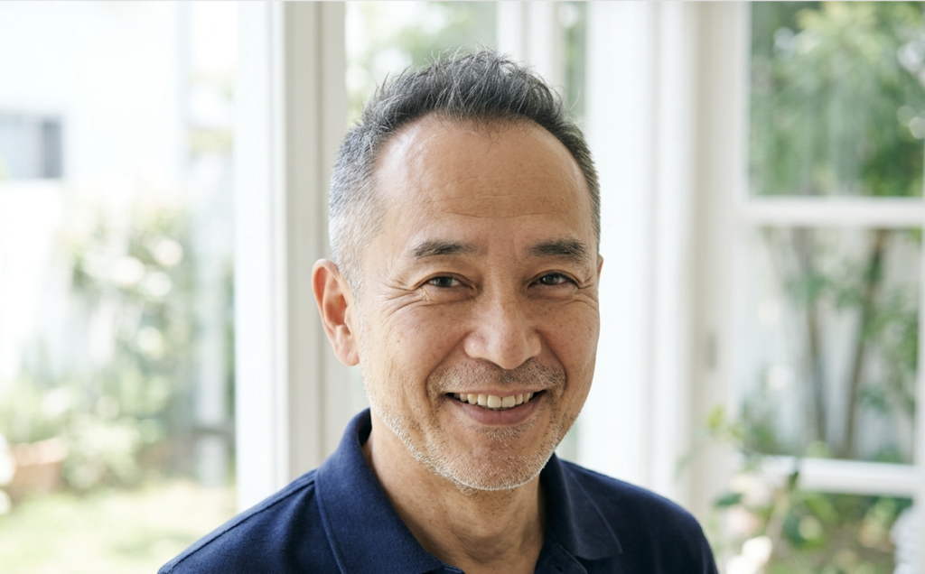 生え際が後退した60代男性が、サイドを短く刈り上げたベリーショートで清潔に見える様子