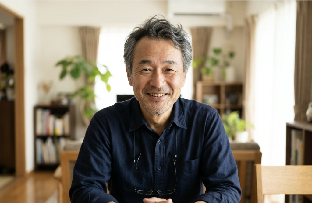 毛先にゆるいパーマをかけてトップがふんわりした、生え際が後退した60代男性
