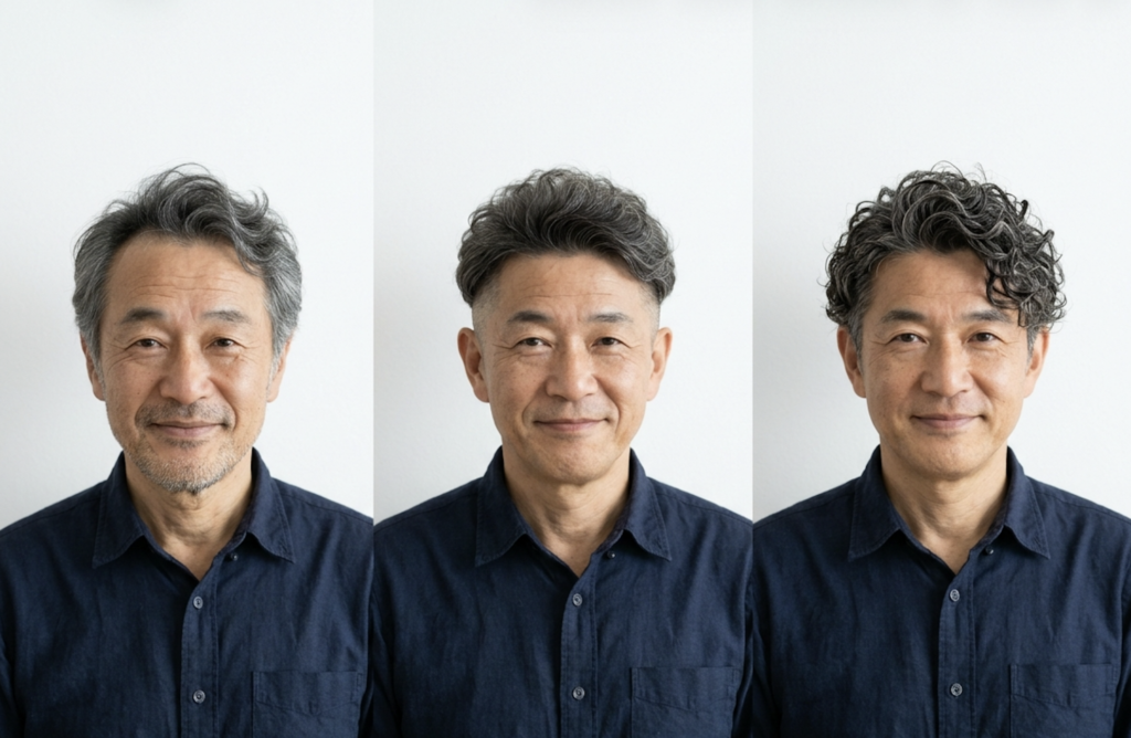 左からゆるふわパーマ・ショートパーマ・ツイストパーマの50代・60代男性3人